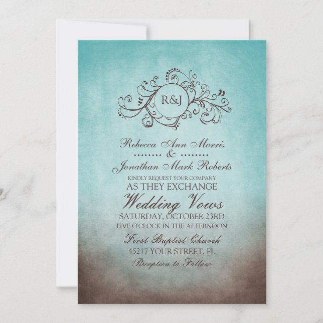 Rustic Brown and Teal Bohemian Wedding Invitation (Front)