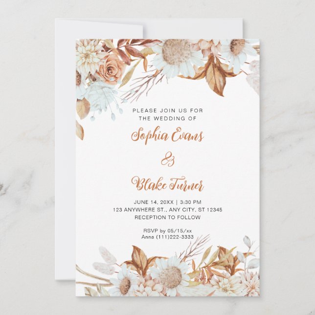 Rustic Brown and White Flowers Boho White Wedding Invitation (Front)
