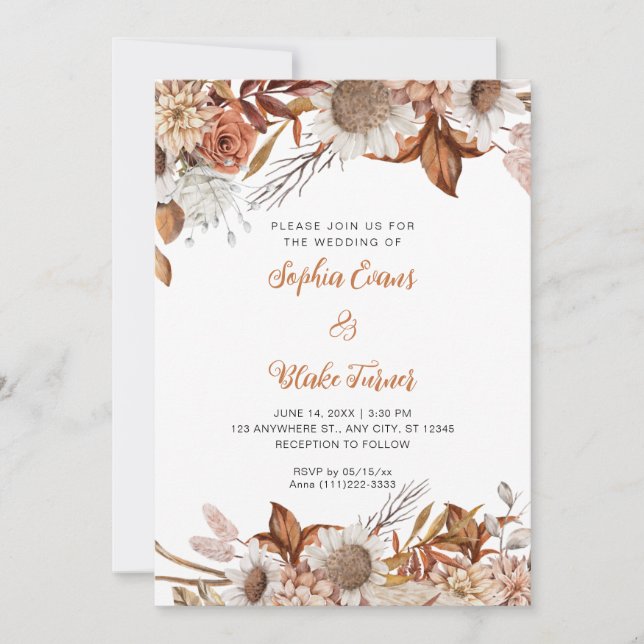 Rustic Brown and White Flowers Boho White Wedding Invitation (Front)