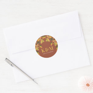 Rustic Brown Autumn Foliage Fall Wedding Monogram  Classic Round Sticker