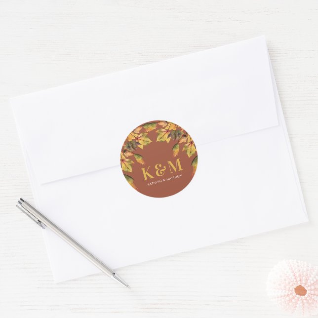 Rustic Brown Autumn Foliage Fall Wedding Monogram  Classic Round Sticker (Creator Uploaded)