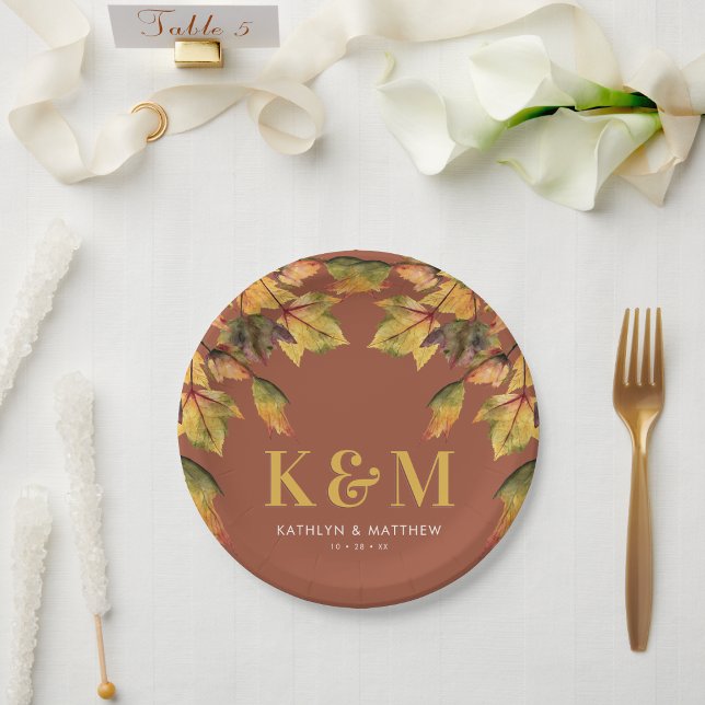 Rustic Brown Autumn Foliage Fall Wedding Monogram Paper Plate (Creator Uploaded)
