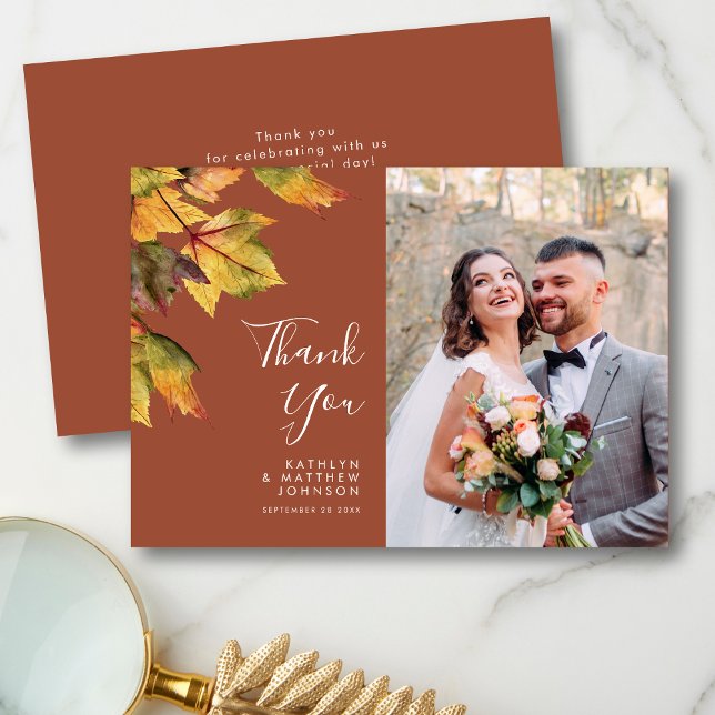 Rustic Brown Autumn Foliage Fall Wedding Photo  Thank You Card (Creator Uploaded)