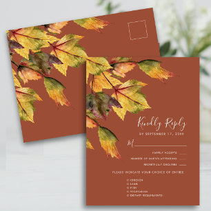 Rustic Brown Autumn Foliage Wedding RSVP  Invitation Postcard
