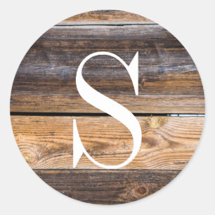Rustic Brown Barn Wood Texture Monogram Classic Round Sticker