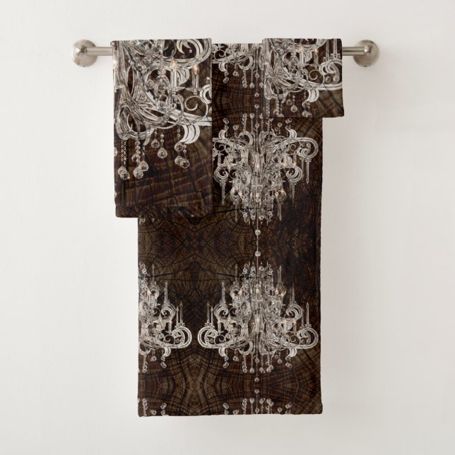Rustic Brown Barnood Country Crystal Chandelier Bath Towel Set (Insitu)