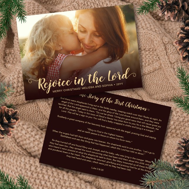 Rustic Brown Bible Verse Religious Christmas Card (Religious Christmas card in brown and gold with the story of the first Christmas)