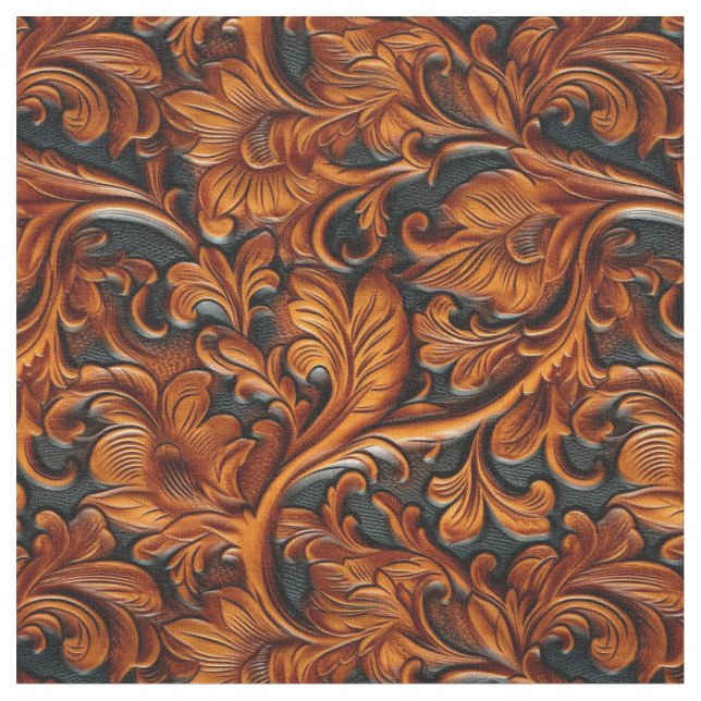 Rustic brown black tooled leather fabric (Close Up)