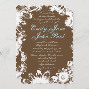 Rustic Brown Blue Vintage Flower Wedding Invitation