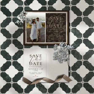 Rustic Brown Botanical Pattern Photo Wedding Announcement Postcard