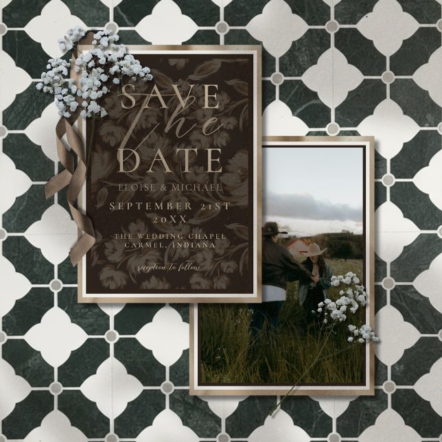 Rustic Brown Botanical Pattern Photo Wedding Save The Date (Announce your big day in a sophisticated style with this Rustic Brown Botanical Save the Date!)
