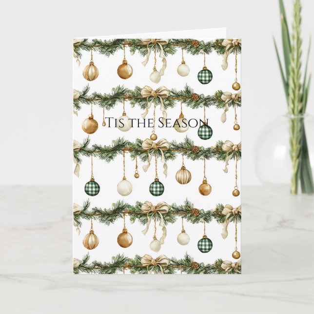 Rustic Brown Bows Cream Green Christmas Card (Front)