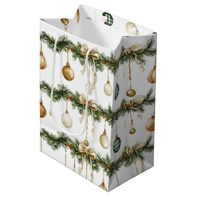Rustic Brown Bows Cream Green Christmas Medium Gift Bag (Front Angled)