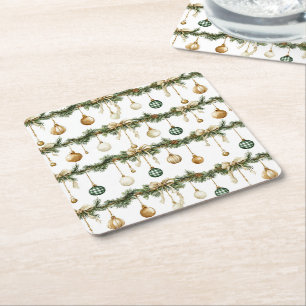 Rustic Brown Bows Cream Green Christmas Square Paper Coaster