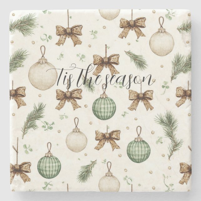Rustic Brown Bows Cream Green Christmas   Stone Coaster (Front)