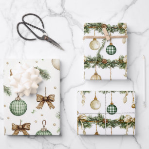 Rustic Brown Bows Cream Green Christmas Wrapping Paper Sheet