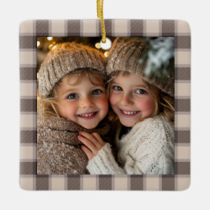 Rustic Brown Buffalo Plaid Photo Keepsake Ceramic Ornament