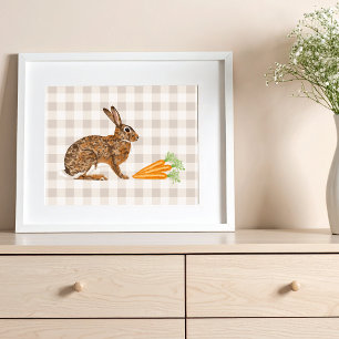 Rustic Brown Bunny And Carrots On Beige Gingham Poster