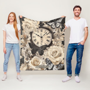 Rustic Brown Compass Butterfly Botanical Fleece Blanket