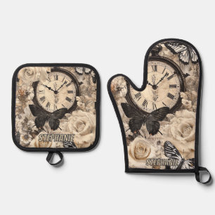 Rustic Brown Compass Butterfly Botanical Oven Mitt & Pot Holder Set