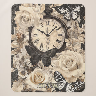 Rustic Brown Compass Butterfly Botanical Sherpa Blanket