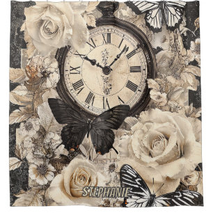Rustic Brown Compass Butterfly Botanical Shower Curtain