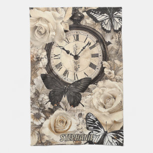 Rustic Brown Compass Butterfly Botanical Tea Towel
