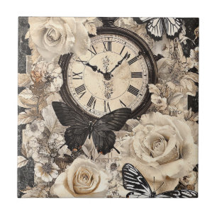 Rustic Brown Compass Butterfly Botanical Tile