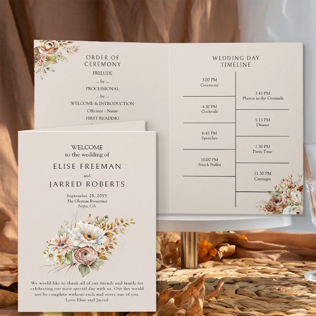 Rustic Brown Country Floral Wedding Program Invitation (Wedding Program from the Rustic Floral Brown Neutral Wedding Collection by Darling & May)