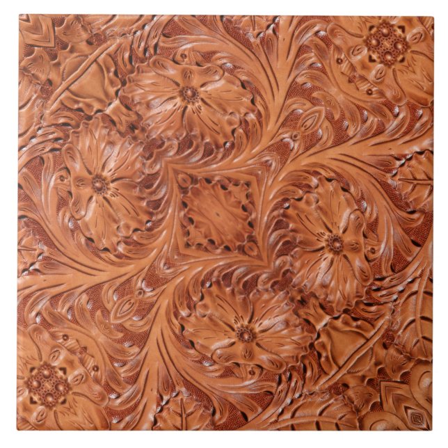 Rustic Brown Cowboy Western Country Leather Print Tile (Front)