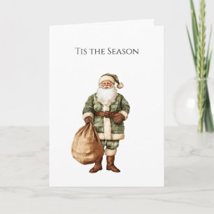 Rustic Brown Cream Green Christmas Santa Card