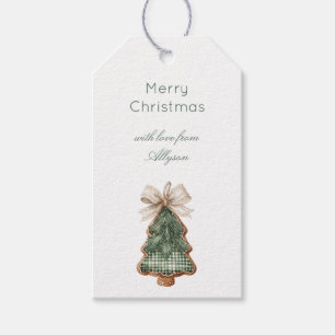 Rustic Brown Cream Green Christmas Tree Bow Gift Tags