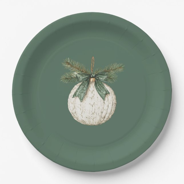 Rustic Brown Cream Green Ornament Christmas   Paper Plate (Front)