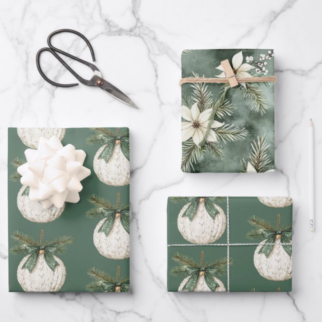 Rustic Brown Cream Green Ornament Christmas   Wrapping Paper Sheet (Front)