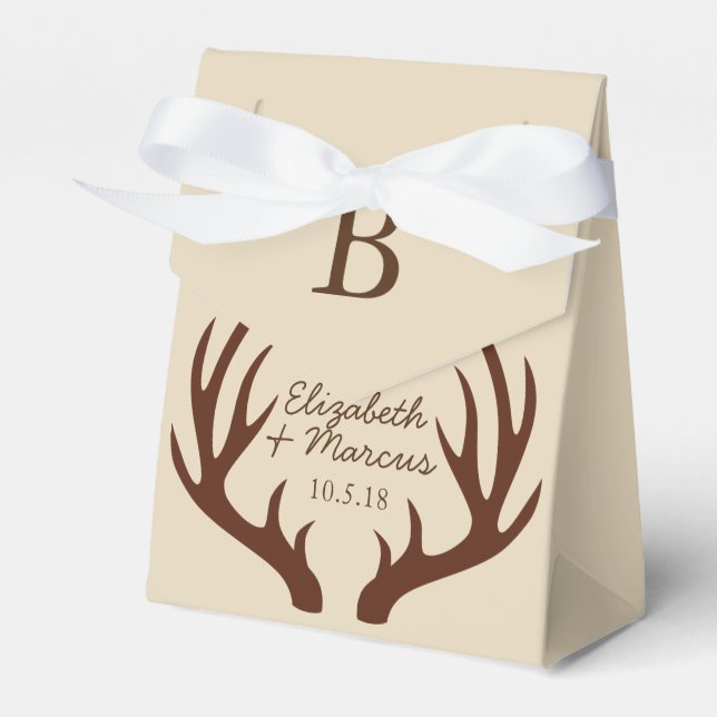 Rustic Brown Deer Antlers Couple's Names Favour Box (Front Side)