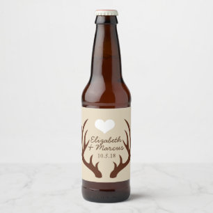 Rustic Brown Deer Antlers Couple's Names Wedding Beer Bottle Label