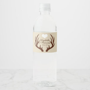 Rustic Brown Deer Antlers Couple's Names Wedding Water Bottle Label