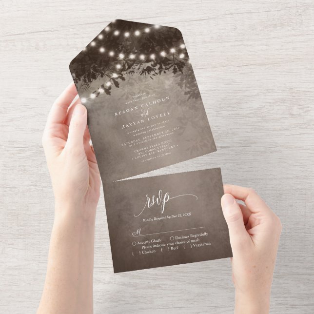 Rustic Brown Ethereal Tree String Lights Wedding All In One Invitation (Tearaway)