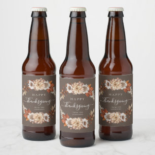 Rustic Brown Fall Floral Happy Thanksgiving Beer Bottle Label