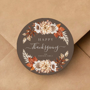 Rustic Brown Fall Floral Happy Thanksgiving Classic Round Sticker