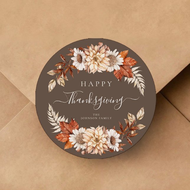 Rustic Brown Fall Floral Happy Thanksgiving Classic Round Sticker (Rustic Brown Fall Floral Happy Thanksgiving Classic Round Sticker)