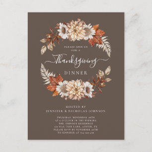 Rustic Brown Fall Floral Thanksgiving Dinner Invitation Postcard