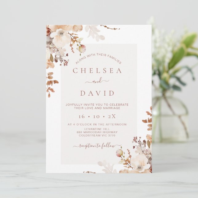 Rustic Brown Fall Floral Wedding  Invitation (Standing Front)
