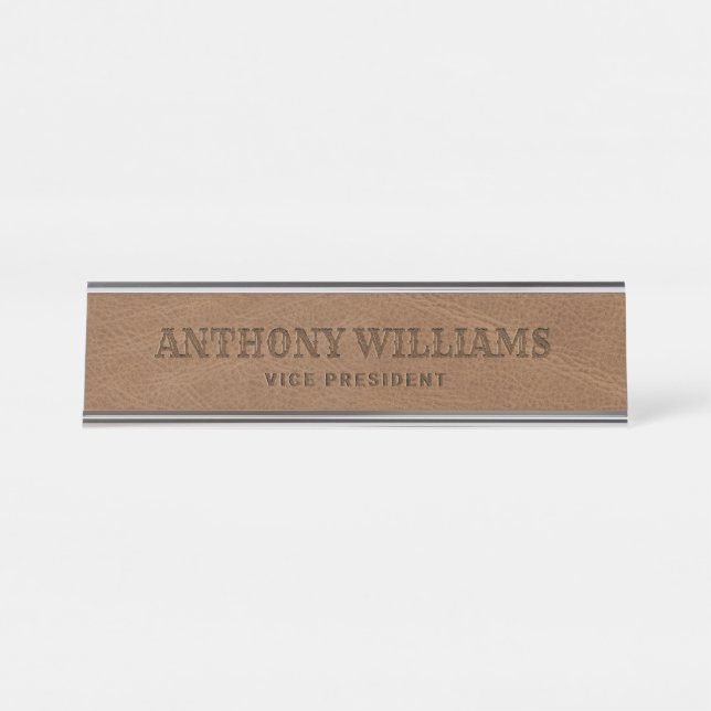 Rustic Brown Faux Leather Custom Desk Name Plate (Front)