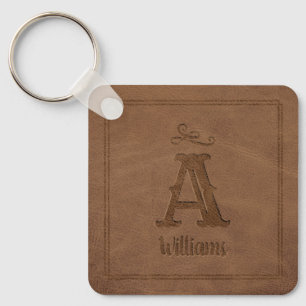 Rustic Brown Faux Leather Custom Monogram Name Key Ring