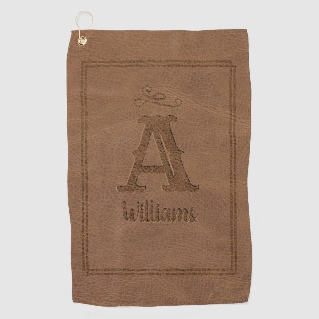 Rustic Brown Faux Leather Monogram Name Golf Towel (Front)