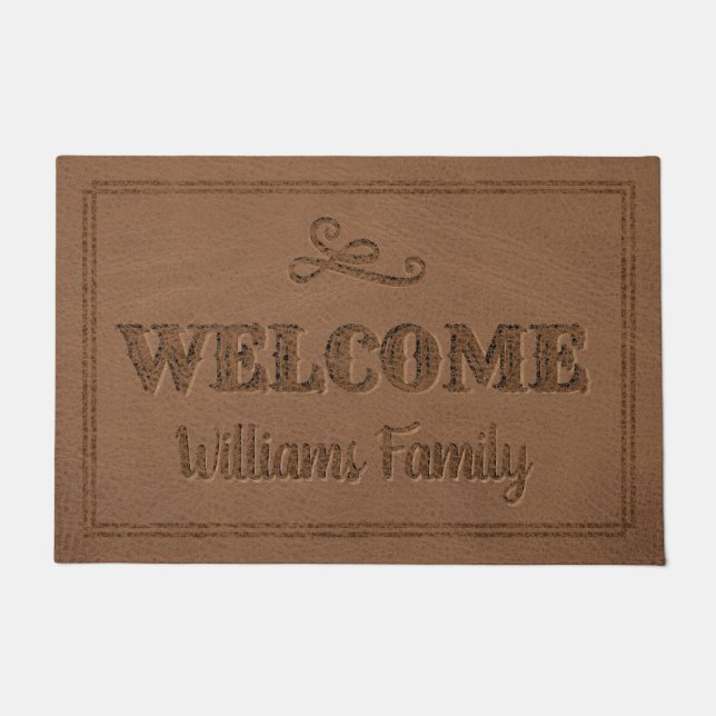 Rustic Brown Faux Leather Monogram Name Welcome Doormat (Front)