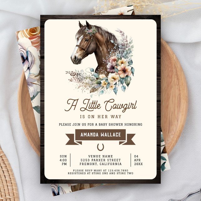 Rustic Brown Floral Horse Cowgirl Baby Shower Invitation (Creator Uploaded)