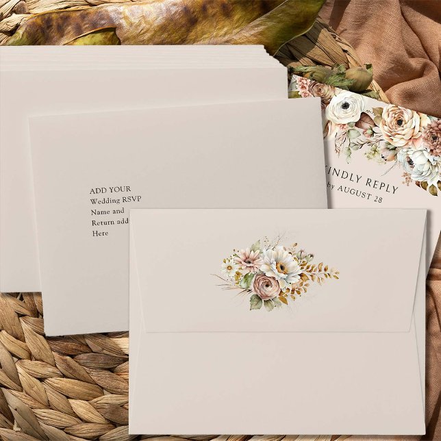 Rustic Brown Floral Pre-Addressed Wedding RSVP Envelope (Wedding RSVP envelopes from Rustic Floral Brown Neutral Wedding Collection by Darling & May)