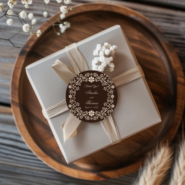 Rustic Brown Floral Wedding Thank You Classic Round Sticker (Creator Uploaded)